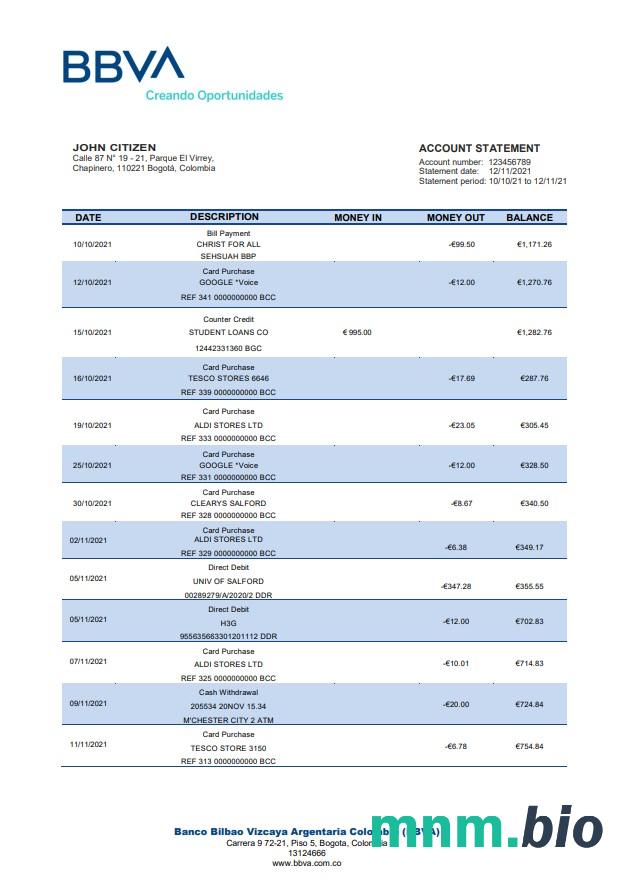 Kolumbia BBVA wyciąg bankowy  xls